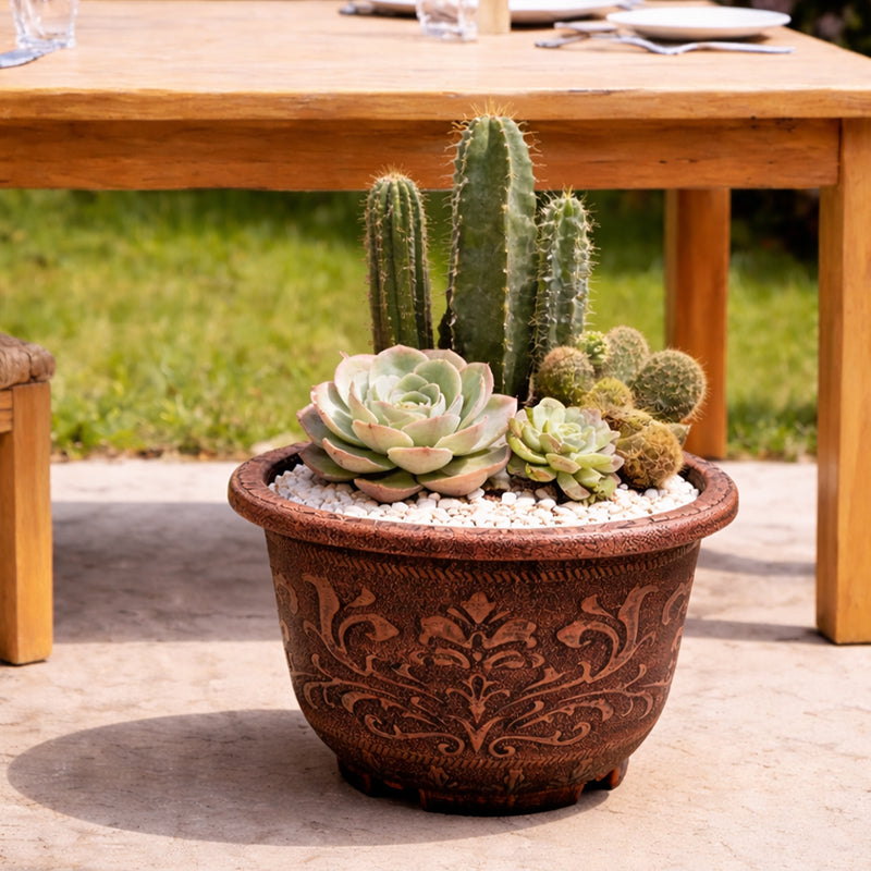 Solum Vitae 16-in 40# Terra-F Round Textured Outdoor Pots Succulent Front View for Patio Table,Premium Outdoor Planters for Gardening