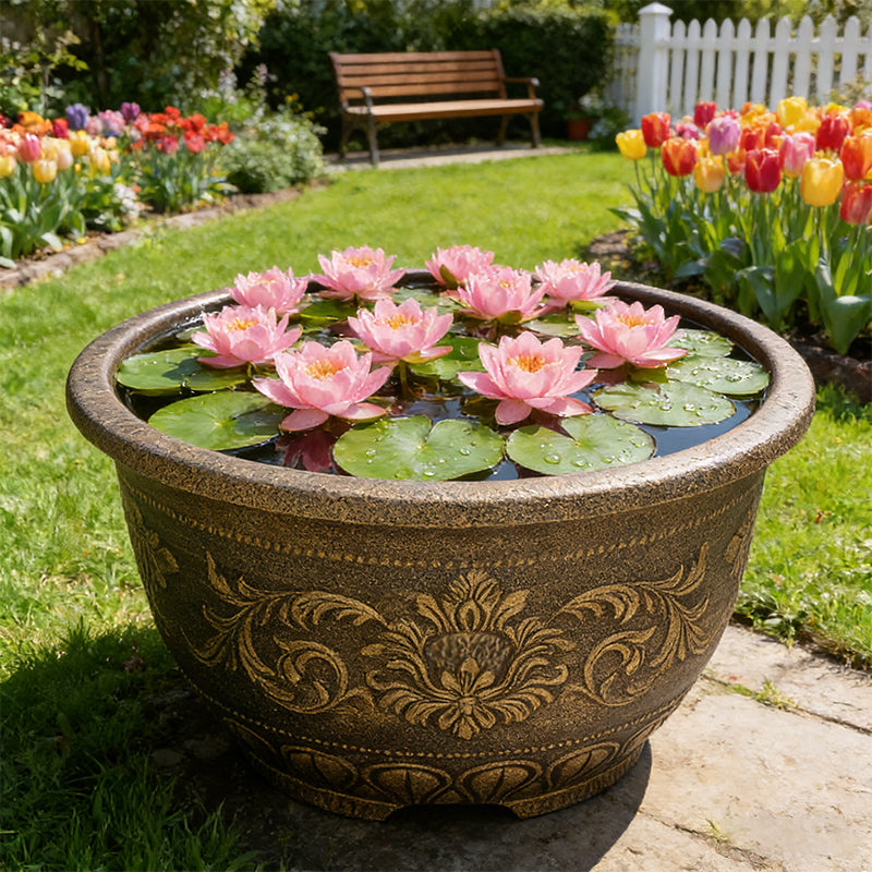 Solum Vitae 24-in 60# Terra-F Round Textured Large Planter Pots Lotus Full Set Display for Backyard Garden,Premium Outdoor Planters for Gardening