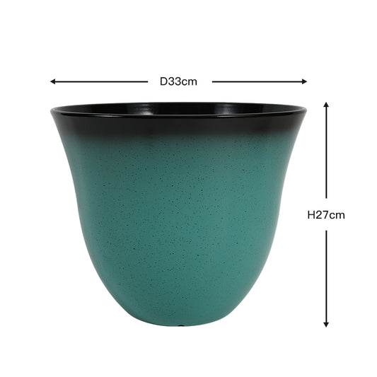 A teal-green speckled planter pot with a black rim, shown with dimension arrows indicating a diameter of 33cm and a height of 27cm on a white background.