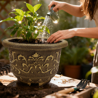 Solum Vitae 12-in 30# Terra-F Round Textured Planters Outdoor Green Princess Act of Watering for Courtyard ,Premium Outdoor Planters for Gardening