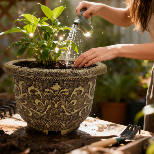 Solum Vitae 12-in 30# Terra-F Round Textured Planters Outdoor Green Princess Act of Watering for Courtyard ,Premium Outdoor Planters for Gardening