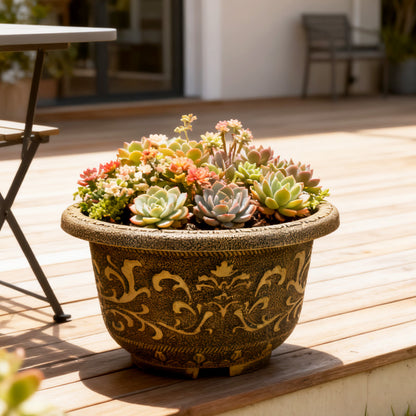 Solum Vitae 12-in 30# Terra-F Round Textured Planters Outdoor Succulent Front View for Garden Sanctuary,Premium Outdoor Planters for Gardening