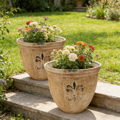 Solum Vitae 15-in 38# Fon Round Textured Plant Pots Pelargonium Full Set Display for Courtyard Stair,Premium Plant Pots for Gardening