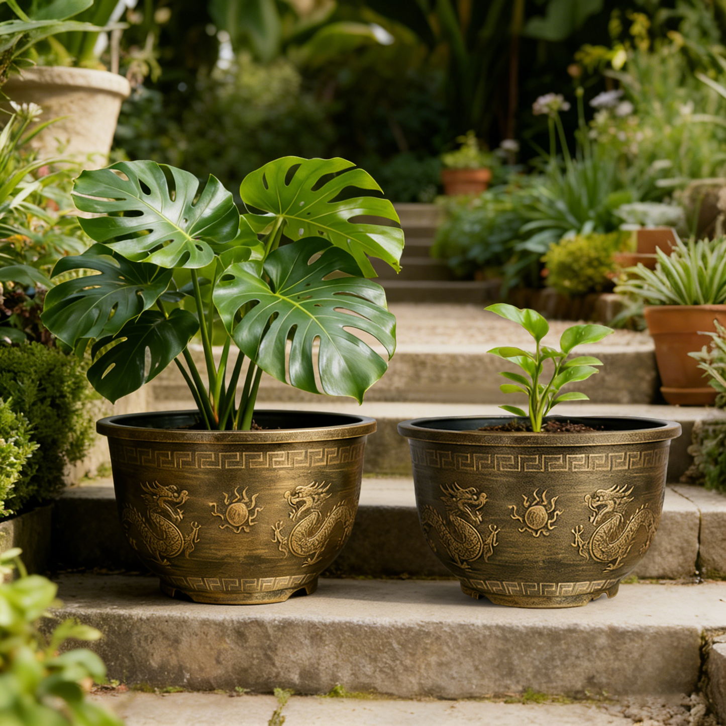 Solum Vitae 16-in 40# Terra-D Round Textured Outdoor Plant Pots Split-Leaf Philodendron Growth Shots for Courtyard Stair,Premium Outdoor Planters for Gardening