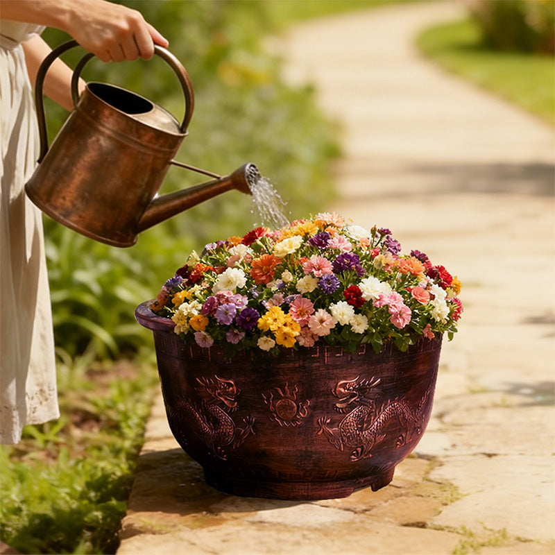 Solum Vitae 16-in 40# Terra-D Round Textured Outdoor Plant Pots Pansy & Viola Act of Watering for Courtyard,Premium Outdoor Planters for Gardening