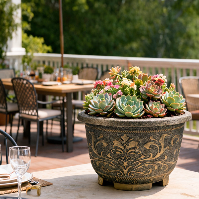 Solum Vitae 16-in 40# Terra-F Round Textured Outdoor Pots Succulent Top-down Shot for Patio Table,Premium Outdoor Planters for Gardening