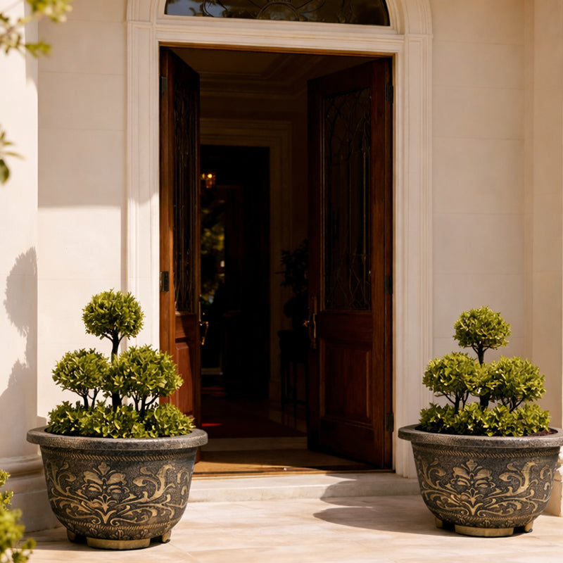 Solum Vitae 16-in 40# Terra-F Round Textured Outdoor Pots Boxwood Topiary Front View for Entryway Welcome,Premium Outdoor Planters for Gardening