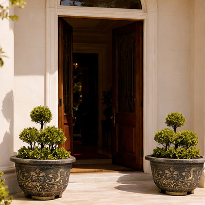 Solum Vitae 16-in 40# Terra-F Round Textured Outdoor Pots Boxwood Topiary Front View for Entryway Welcome,Premium Outdoor Planters for Gardening