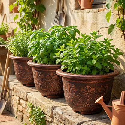 Solum Vitae 17-in 45# Terra-F Round Textured Outdoor Flower Pots Mint Full Set Display for Garden Sanctuary,Premium Outdoor Planters for Gardening