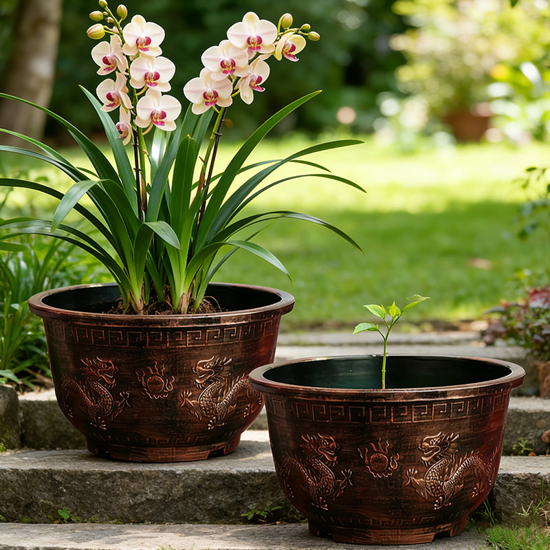 Solum Vitae 17-in 45# Terra-D Round Textured Patio Planters Phalaenopsis Full Set Display for Courtyard Stair,Premium Outdoor Planters for Gardening