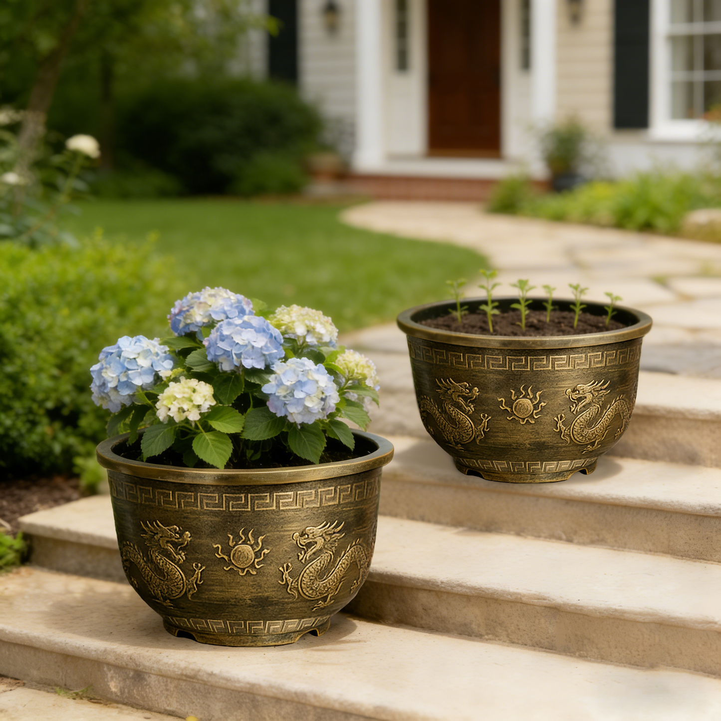 Solum Vitae 17-in 45# Terra-D Round Textured Patio Planters Bigleaf Hydrangea Front View for Courtyard Stair,Premium Outdoor Planters for Gardening