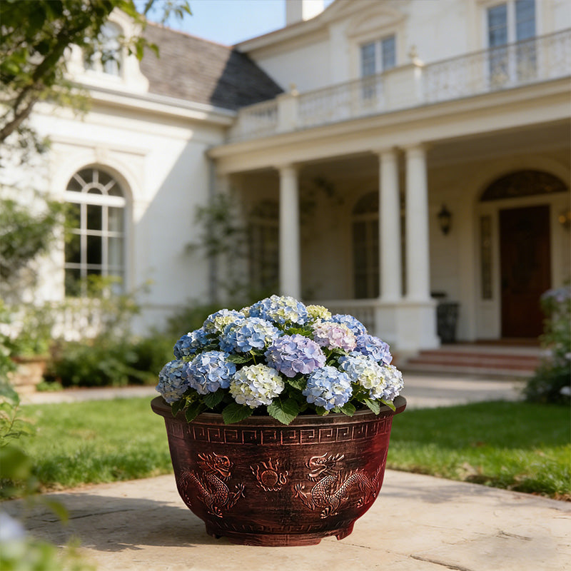 Solum Vitae 17-in 45# Terra-D Round Textured Patio Planters Hydrangea Front View for Backyard Garden,Premium Outdoor Planters for Gardening