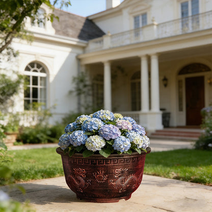 Solum Vitae 17-in 45# Terra-D Round Textured Patio Planters Hydrangea Front View for Backyard Garden,Premium Outdoor Planters for Gardening