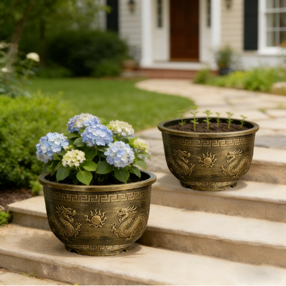 Solum Vitae 17-in 45# Terra-D Round Textured Patio Planters Bigleaf Hydrangea Front View for Courtyard Stair,Premium Outdoor Planters for Gardening