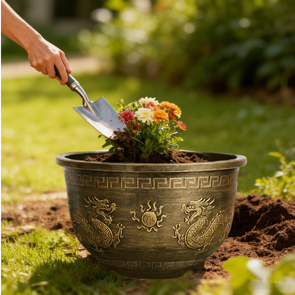 Solum Vitae 17-in 45# Terra-D Round Textured Patio Planters Moth Orchid New Growth for Backyard Garden,Premium Outdoor Planters for Gardening