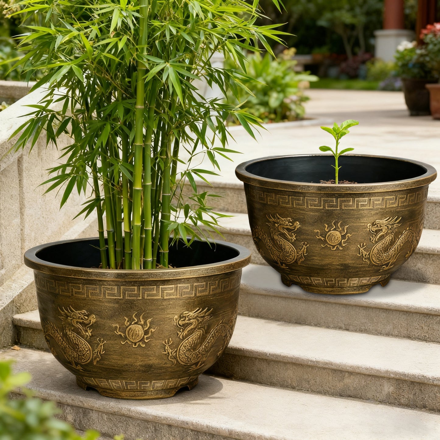 Solum Vitae 17-in 45# Terra-D Round Textured Planting Pots Bamboo Growth Shots for Stair,Premium Outdoor Planters for Gardening