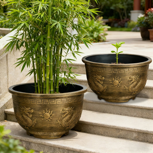 Solum Vitae 17-in 45# Terra-D Round Textured Planting Pots Bamboo Growth Shots for Stair,Premium Outdoor Planters for Gardening