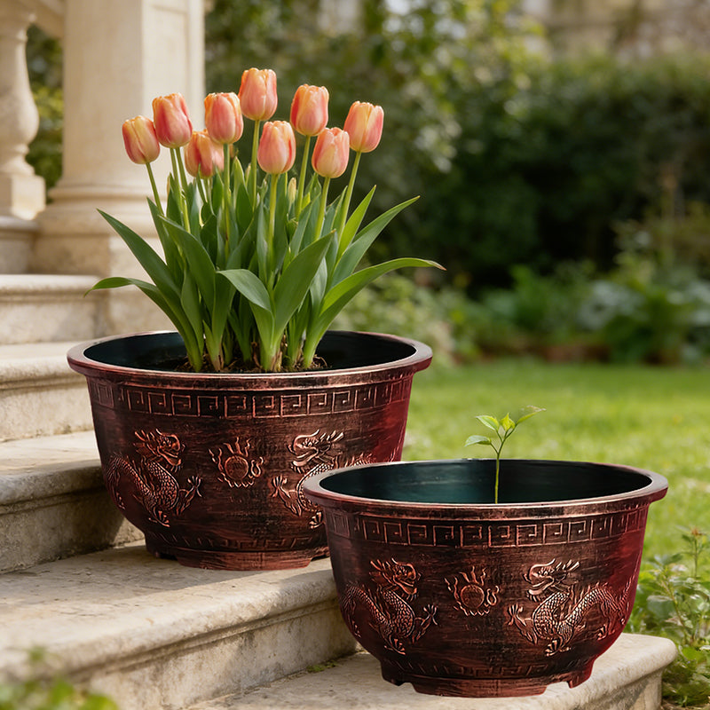 Solum Vitae 17-in 45# Terra-D Round Textured Planting Pots Tulip Growth Shots for Courtyard Stair,Premium Outdoor Planters for Gardening