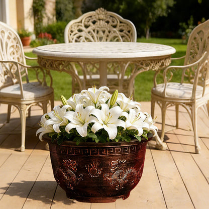 Solum Vitae 20-in 50# Terra-D Round Textured Garden Pots White Lily Front View for Patio Table,Premium Outdoor Planters for Gardening