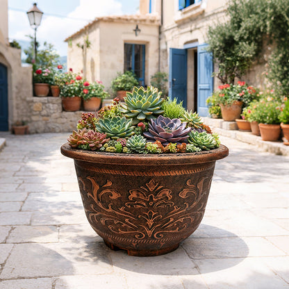 Solum Vitae 20-in 50# Terra-F Round Textured Outdoor Planters Succulent Top-down Shot for Garden Sanctuary,Premium Outdoor Planters for Gardening