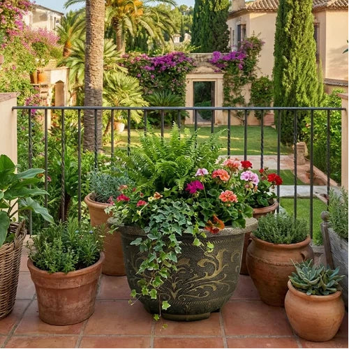 Solum Vitae 20-in 50# Terra-F Round Textured Outdoor Planters Boston Fern Front View for Courtyard,Premium Outdoor Planters for Gardening