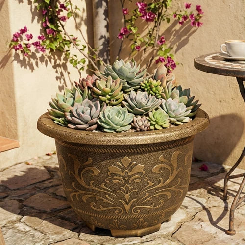 Solum Vitae 20-in 50# Terra-F Round Textured Outdoor Planters Succulent Top-down Shot for Courtyard,Premium Outdoor Planters for Gardening
