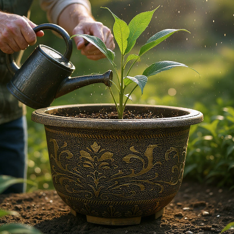 Solum Vitae 20-in 50# Terra-F Round Textured Outdoor Planters Pepper Seedling Act of Watering for Garden Sanctuary,Premium Outdoor Planters for Gardening