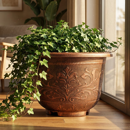 Solum Vitae 20-in 50# Terra-F Round Textured Outdoor Planters English Ivy Front View for Living Room,Premium Outdoor Planters for Gardening