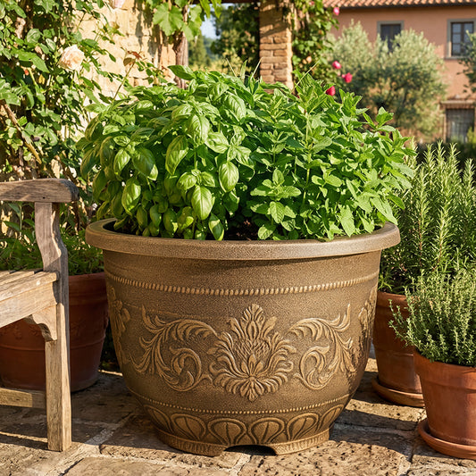 Solum Vitae 24-in 60# Terra-F Round Textured Large Planter Pots Mint Front View for Outdoor Garden,Premium Outdoor Planters for Gardening