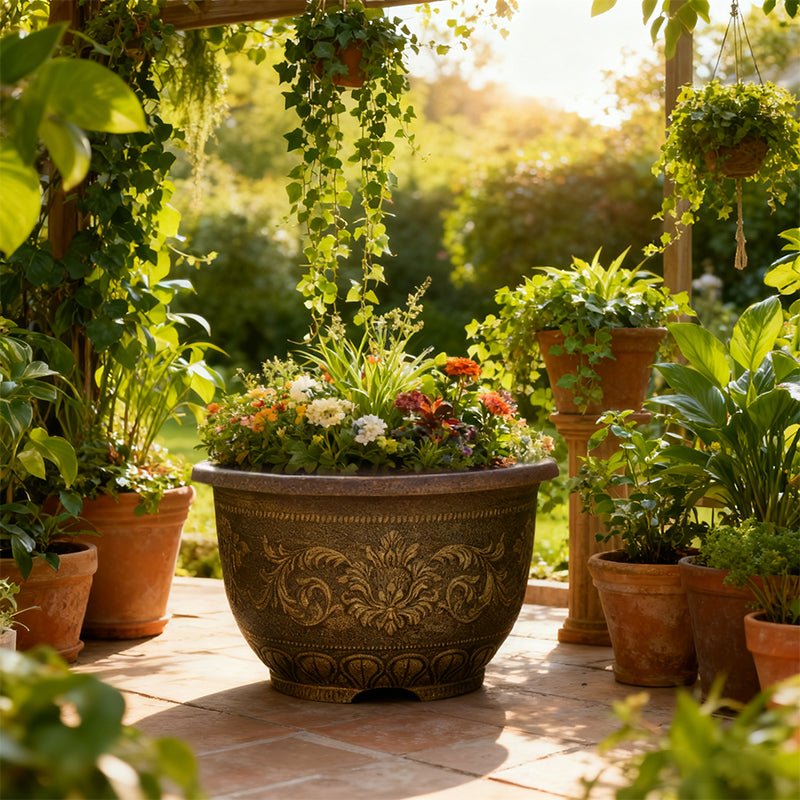 Solum Vitae 24-in 60# Terra-F Round Textured Large Planter Pots Gaillardia Front View for Garden Sanctuary,Premium Outdoor Planters for Gardening