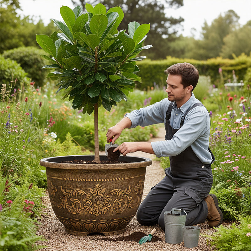 Solum Vitae 24-in 60# Terra-F Round Textured Large Planter Pots Fiddle Leaf Fig Act of Watering for Courtyard,Premium Outdoor Planters for Gardening
