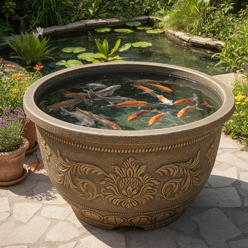 Solum Vitae 28-in 70# Fon Round Textured Large Outdoor Planters Fish-farming Top-down Shot for Garden Sanctuary,Premium Large Planters for Gardening