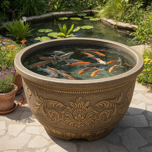 Solum Vitae 28-in 70# Fon Round Textured Large Outdoor Planters Fish-farming Top-down Shot for Garden Sanctuary,Premium Large Planters for Gardening