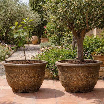 Solum Vitae 28-in 70# Fon Round Textured Large Outdoor Planters Osmanthus Fragrans Growth Shots for Courtyard,Premium Large Planters for Gardening