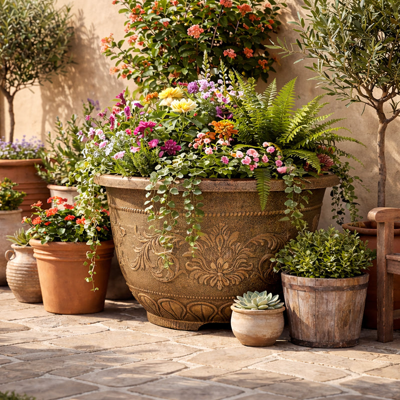 Solum Vitae 28-in 70# Fon Round Textured Large Outdoor Planters Combined Green Plants Full Set Display for Full Scene,Premium Large Planters for Gardening
