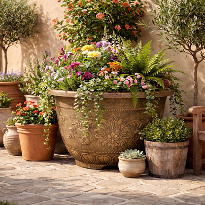 Solum Vitae 28-in 70# Fon Round Textured Large Outdoor Planters Combined Green Plants Full Set Display for Full Scene,Premium Large Planters for Gardening