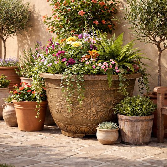 Solum Vitae 28-in 70# Fon Round Textured Large Outdoor Planters Combined Green Plants Full Set Display for Full Scene,Premium Large Planters for Gardening
