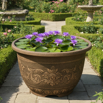 Solum Vitae 28-in 70# Fon Round Textured Large Outdoor Planters Water Lily Front View for Courtyard,Premium Large Planters for Gardening