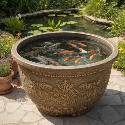 Solum Vitae 28-in 70# Fon Round Textured Large Outdoor Planters Fish-farming Top-down Shot for Garden Sanctuary,Premium Large Planters for Gardening