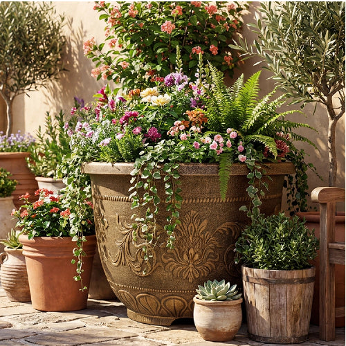 Solum Vitae 28-in 70# Fon Round Textured Large Outdoor Planters Combined Green Plants Full Set Display for Full Scene,Premium Large Planters for Gardening