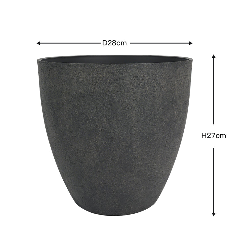 A dark gray textured planter pot with dimension lines indicating a diameter of 28cm and a height of 27cm on a white background.