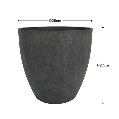 A dark gray textured planter pot with dimension lines indicating a diameter of 28cm and a height of 27cm on a white background.