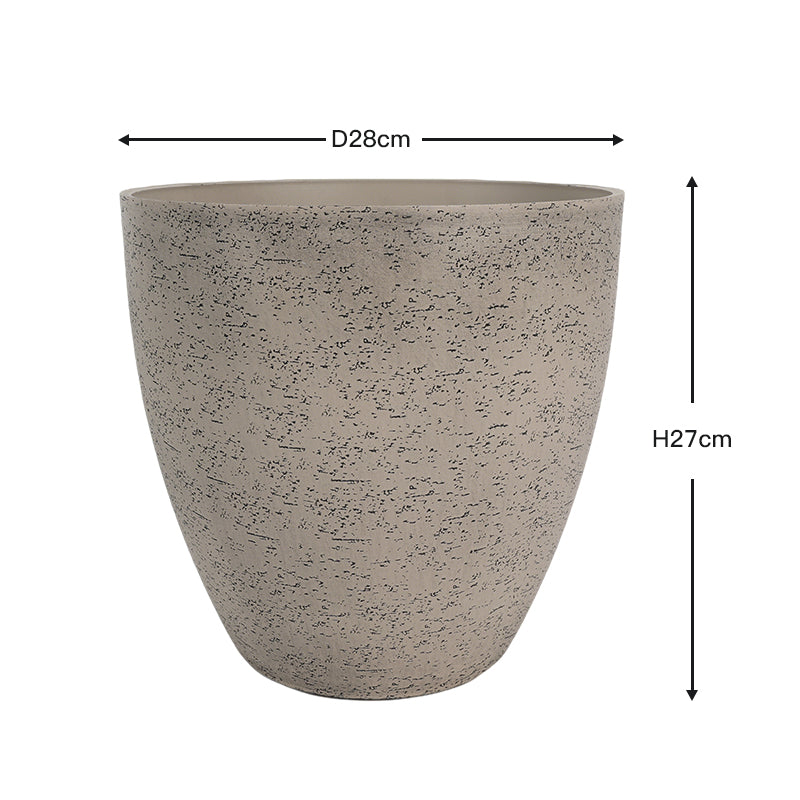 A tapered concrete-style planter with a textured speckled finish, shown with dimension arrows indicating a diameter of 28cm and a height of 27cm on a white background.