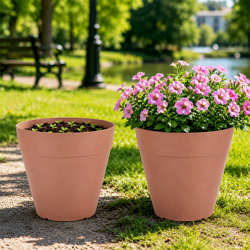 Solum Vitae 2PCS 12 Lux Wide Decorative Pots and Planters Petunia Growth Comparison for Garden Sanctuary, Terracota Premium Indoor Outdoor Planters for Gardening