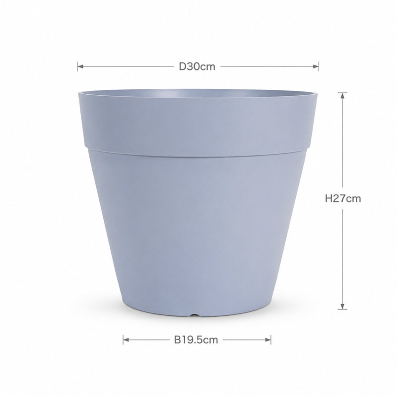 A light blue-gray plastic planter pot shown on a white background with dimension lines and labels indicating a diameter of 30cm, height of 27cm, and base width of 19.5cm.