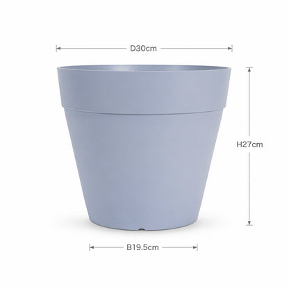 A light blue-gray plastic planter pot shown on a white background with dimension lines and labels indicating a diameter of 30cm, height of 27cm, and base width of 19.5cm.