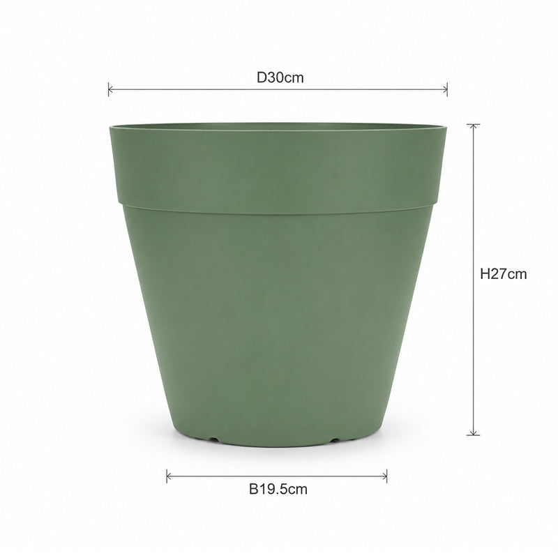 An olive green plastic planter pot with dimension lines and labels showing a diameter of 30cm, height of 27cm, and base width of 19.5cm on a white background.