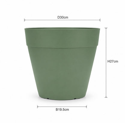 An olive green plastic planter pot with dimension lines and labels showing a diameter of 30cm, height of 27cm, and base width of 19.5cm on a white background.