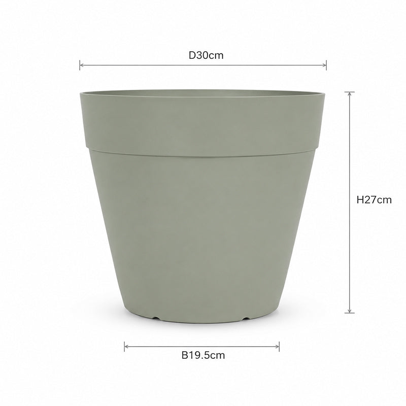 A light sage green plastic planter pot shown with dimension lines and labels indicating a diameter of 30cm, height of 27cm, and base width of 19.5cm, on a solid white background.