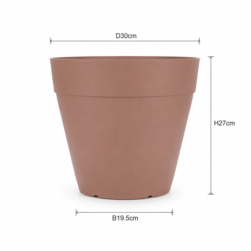 A terracotta-colored plastic planter pot with dimension markings showing a diameter of 30cm, height of 27cm, and base width of 19.5cm on a white background.